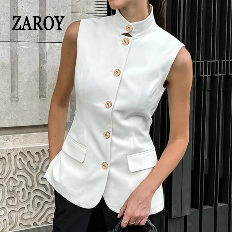 

ZAROY 2025 New Summer Women Vest Shirt Elegant Office Lady Tops Female Sleeveless White Shirt Stand Collar White Slim Tank 여성나시