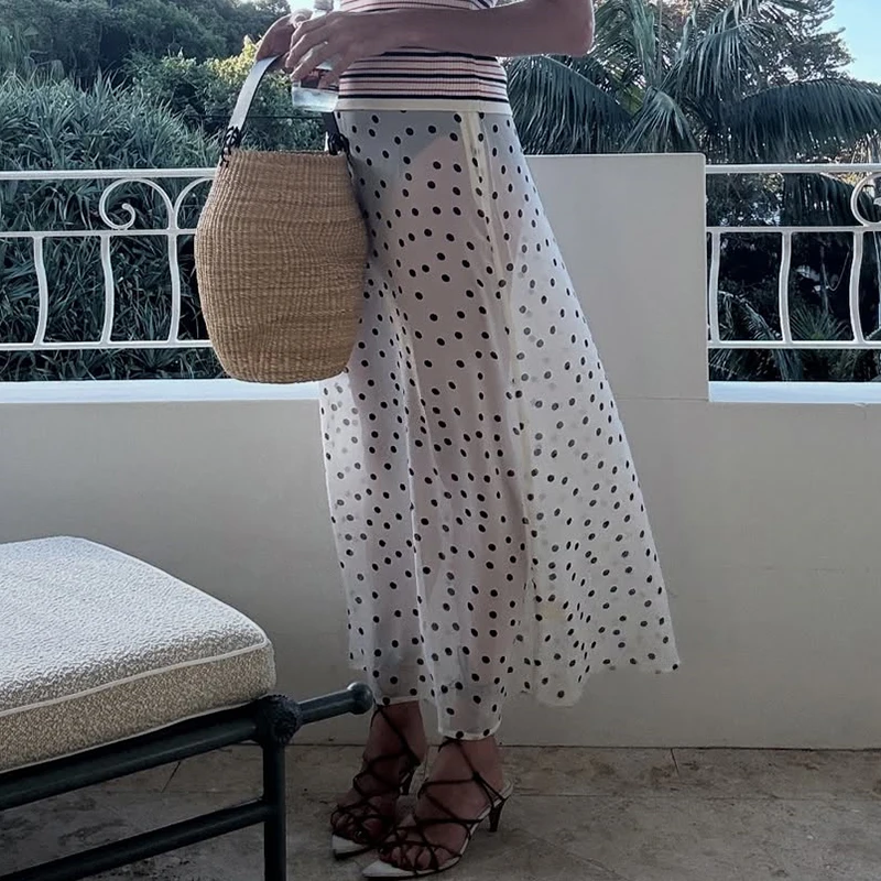 TARUXY Summer Long Polka Dot Skirt Women's Loose Perspective Fashion Sexy Commuting Leisure Skirt Female Travel Party Skirt New