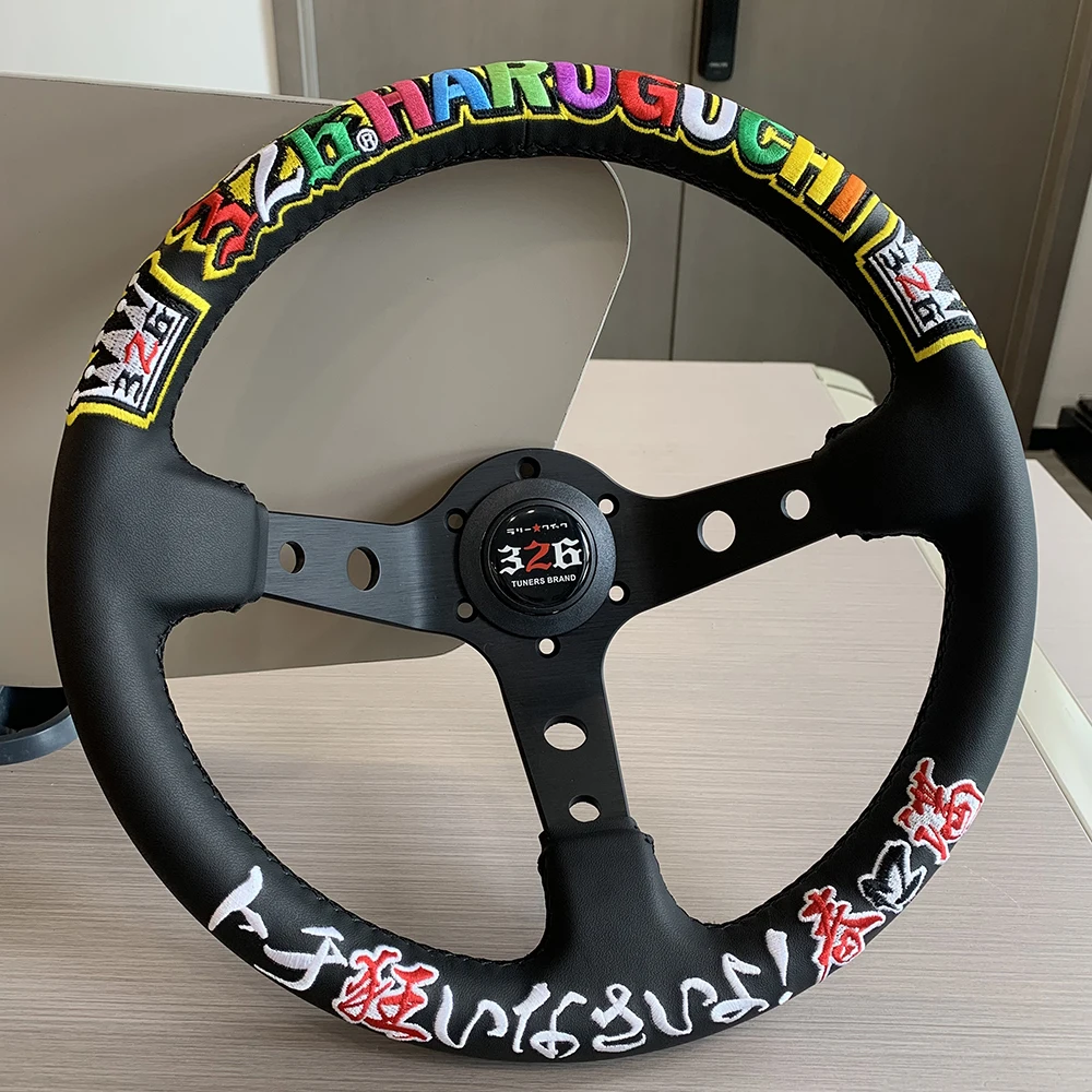 TIYPEOR JDM new style 330mm Diameter Japanese Text Embroidery Microfiber Leather Deep Dish Car Steering Wheel 326POWER Steering