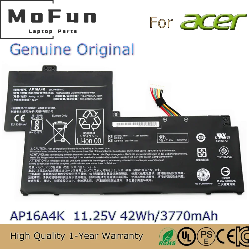 

Совершенно новый оригинальный аккумулятор для ноутбука AP16A4K 11,25 В 42 Втч для Acer Swift 1 SF113-31 ASPIRE AO1-132 N16Q9 и т. д.