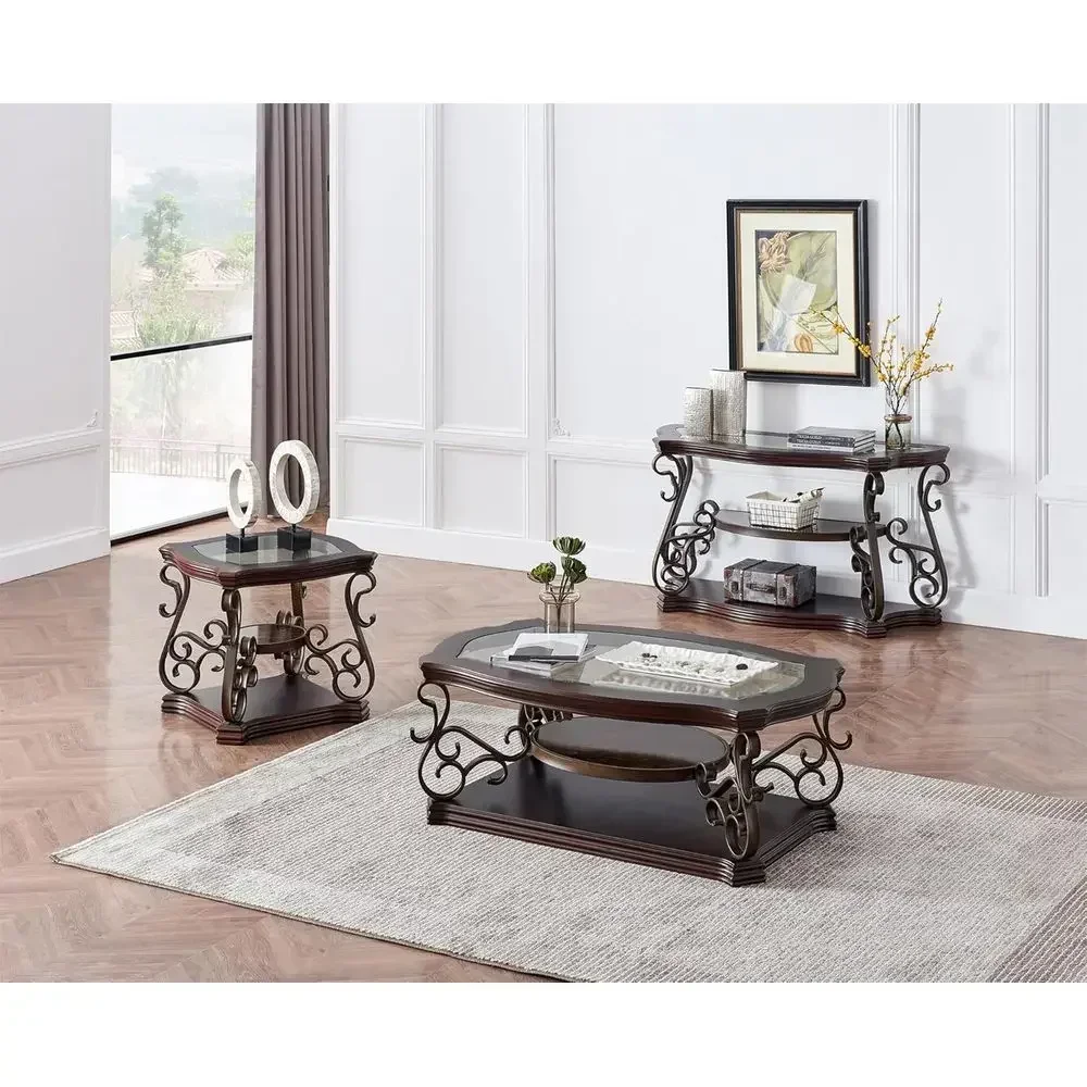 Retro Coffee Table Set for Modern Living Room, Traditional 3-Tier Table with Glass Top and Storage Shelf