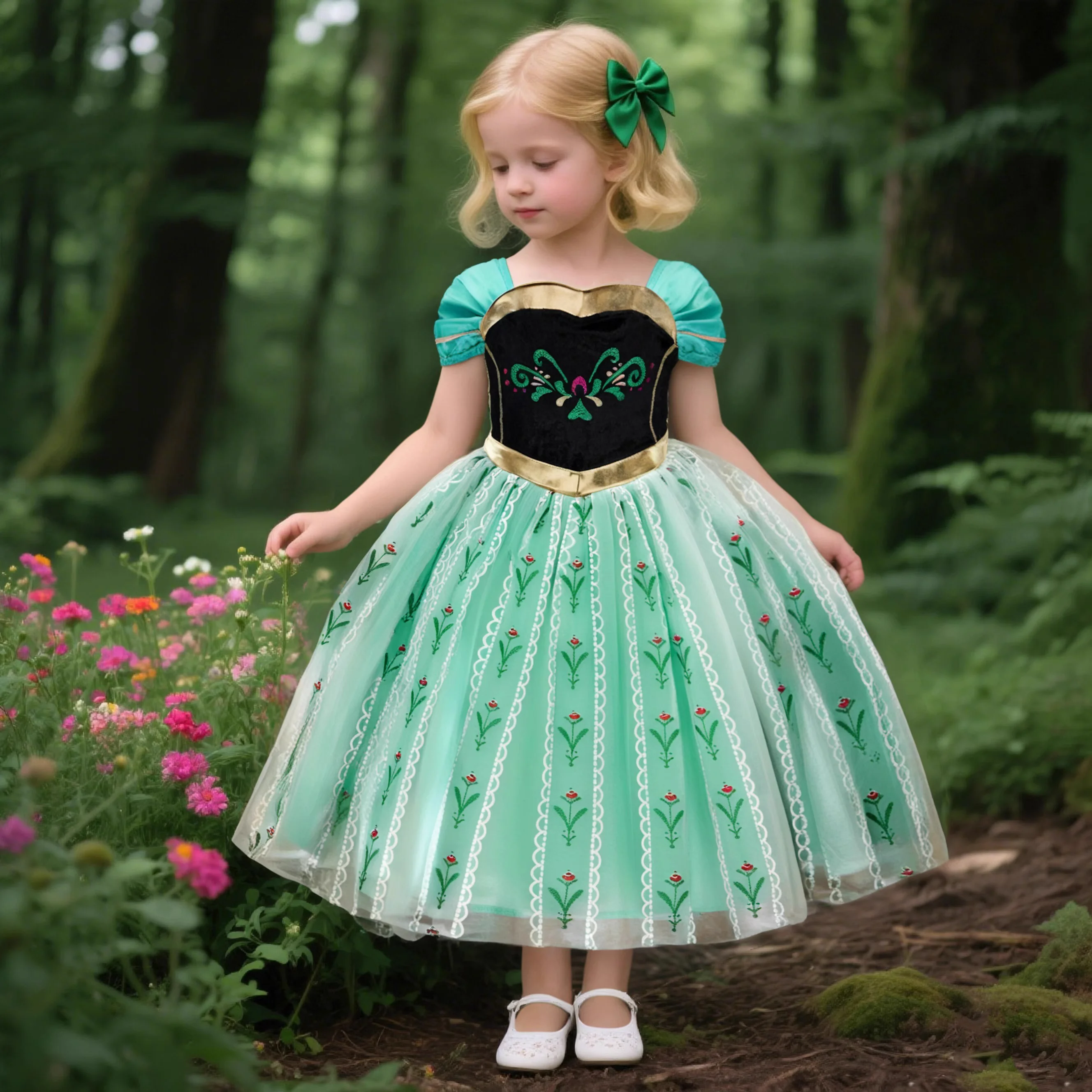 

2025 New Design Princess Girls Green Anna Dress Birthday Party Cosplay Outfits Child Crown Gloves Halloween Prom Costumes