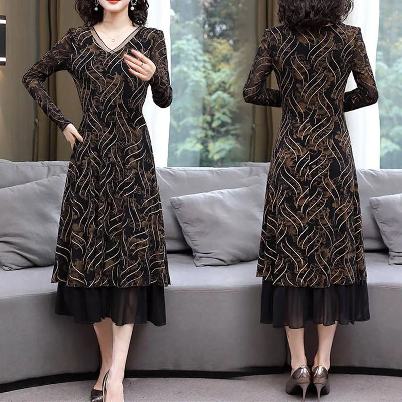 Spring Autumn Mesh Dress Women's Long Sleeve 2023 New V-Neck Geometric Printing Loose A-line Patchwork Gauze Midi Dresses