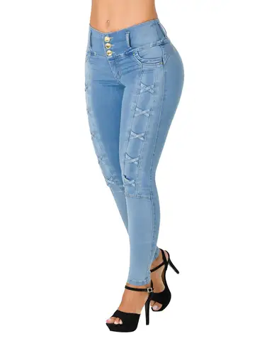 Women's daily fashion multi-button mid-waist skinny jeans, cross pattern design, V-shaped cutting, sexy hip, can be machine wash