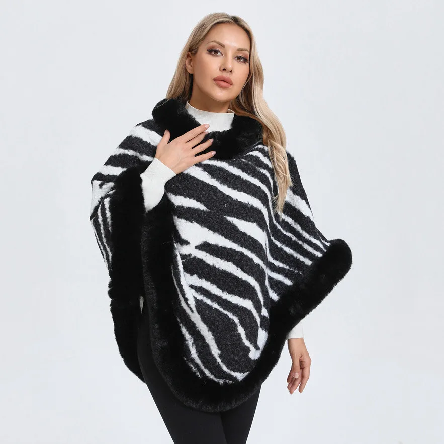 

2024 Big Pendulum Jacquard Weave Faux Lamb Fur O Neck Pullover Overcoat Warm Oversize Zebra Knitted Poncho Shawl Wear Women Cape