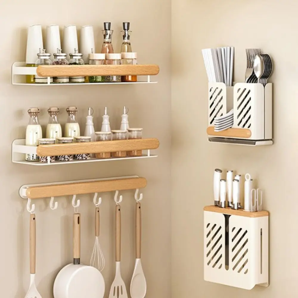 

No Drill Installation Wall-Mounted Organizer Multi-Purpose Design Wall-Mounted Spice Rack Shelf Wooden Material