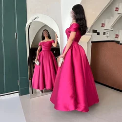 Long Fuchsia Prom Evening Dresses Puffy Sleeve Off The Shoulder Satin Night Dress Saudi Arabia Cocktail Party Gowns Custom Size