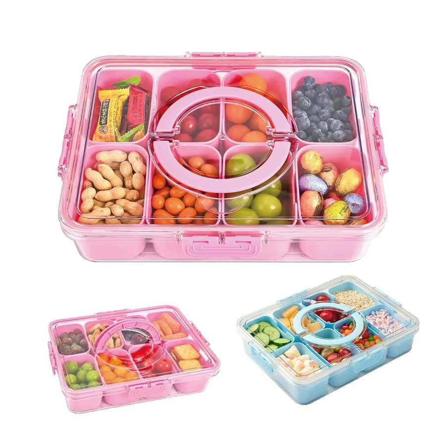 Snackle-Box-Behälter, 8-fach geteiltes Serviertablett mit Deckel und Griff, Snack-Box-Behälter für Süßigkeiten, Obst und Snacks