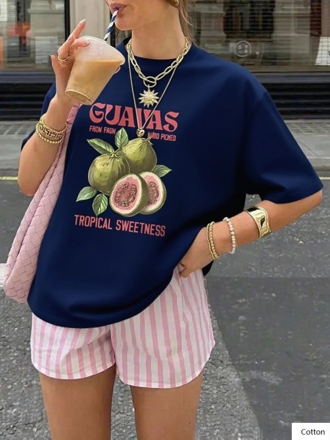 تي شيرت قطني عالي الجودة مع طباعة الجوافة وشعار استوائي يرفع أسلوبك أثناء التمتع بحلاوة الصيف المحملة S-4XL