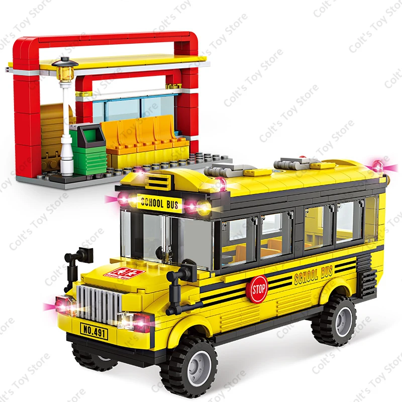 2025 City Yellow Passenger Bus Building Blocks School Bus Station Action Figures Traffic Bricks Model Kids Toys DIY Gift Sets