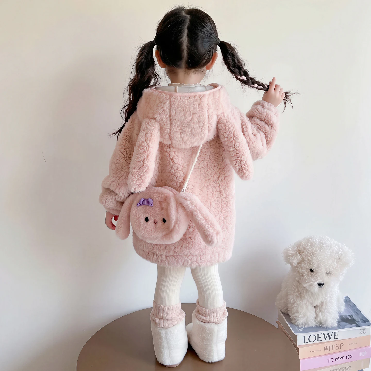 Winter Warm Fashion New 2-10 Years Children Clothing Kids Thicken Long Outerwear Rabbit Ear Hooded Coat With Bag For Baby Girls