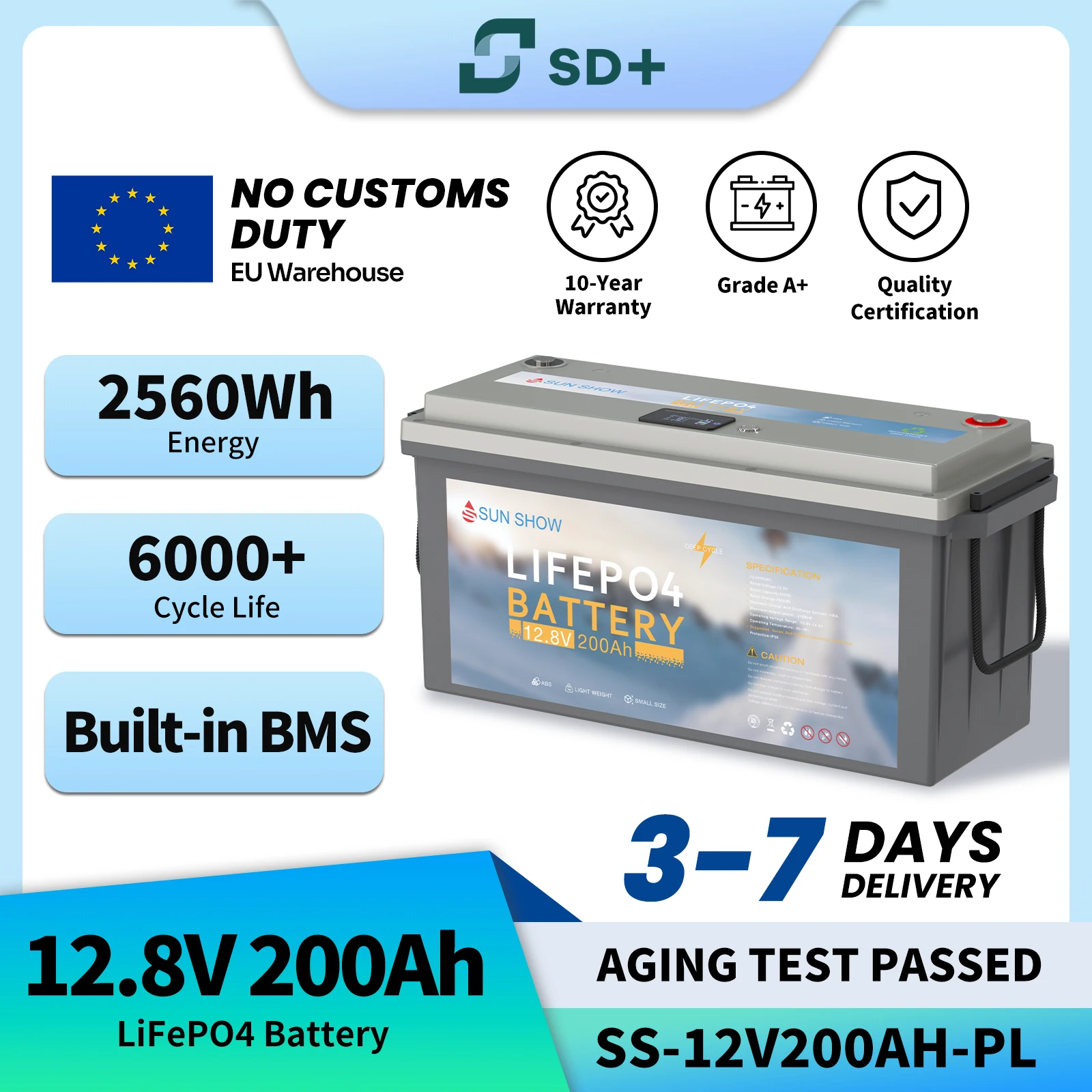 Batteria Lifepo4 12V 200Ah Sandisolar con BMS Intelligente, Batteria Lifepo4 2Kwh per Sistema Solare e Camper, Stock UE, Esente da Tasse con Bt