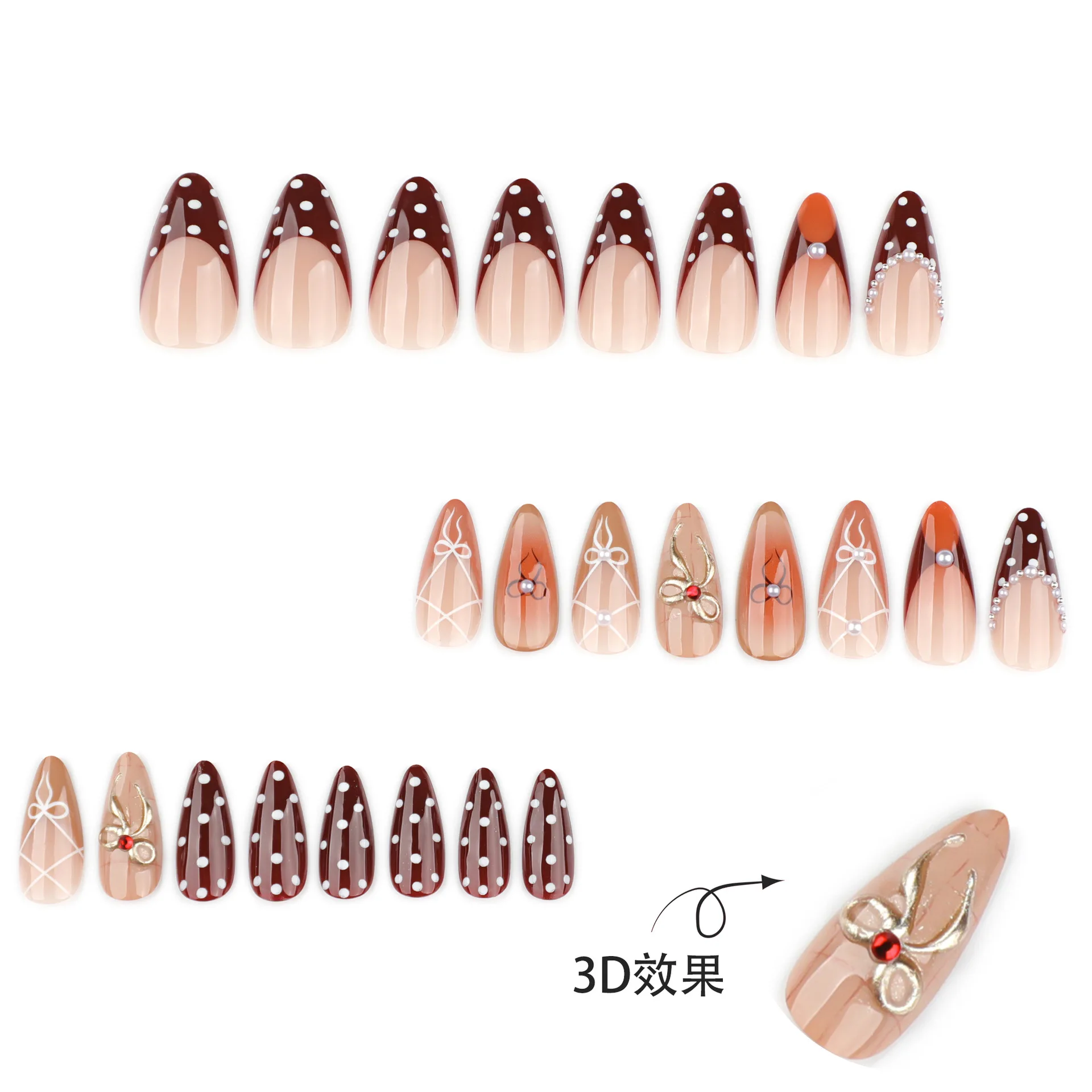 24 قطعة اللوز البني خمر الأظافر وهمية الأبيض موجة نقطة النمط الفرنسي يمكن ارتداؤها الأظافر كاذبة تلطيخ الانحناء فتاة حار اضغط على الأظافر #2