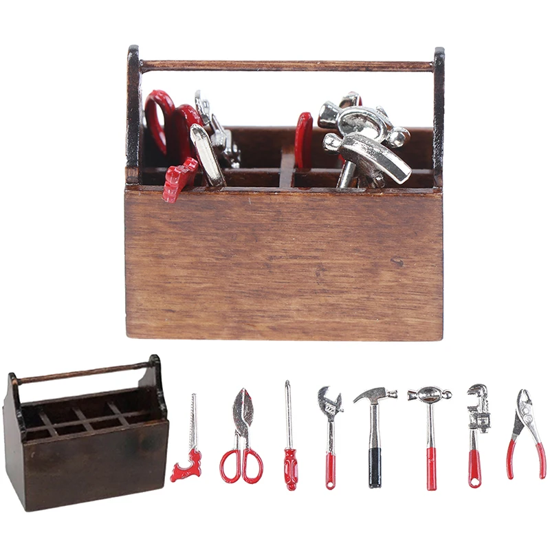 1:12 Scale Dollhouse Miniature Wooden Box Metal Hand Tools Set For Dolls toy