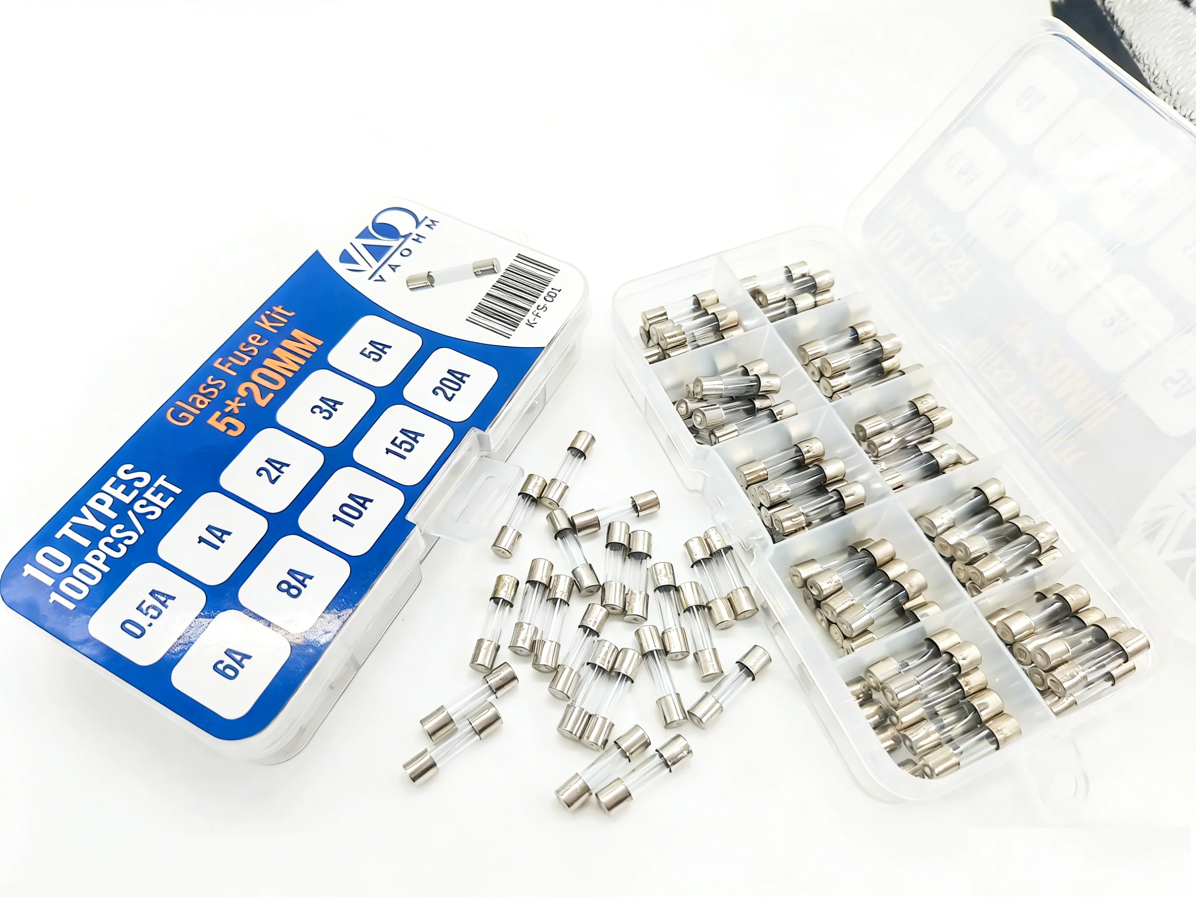 5*20mm Glass Fuse Set 10Types 100PCS 0.5A 1A 2A 3A 5A 6A 8A 10A 15A 20A