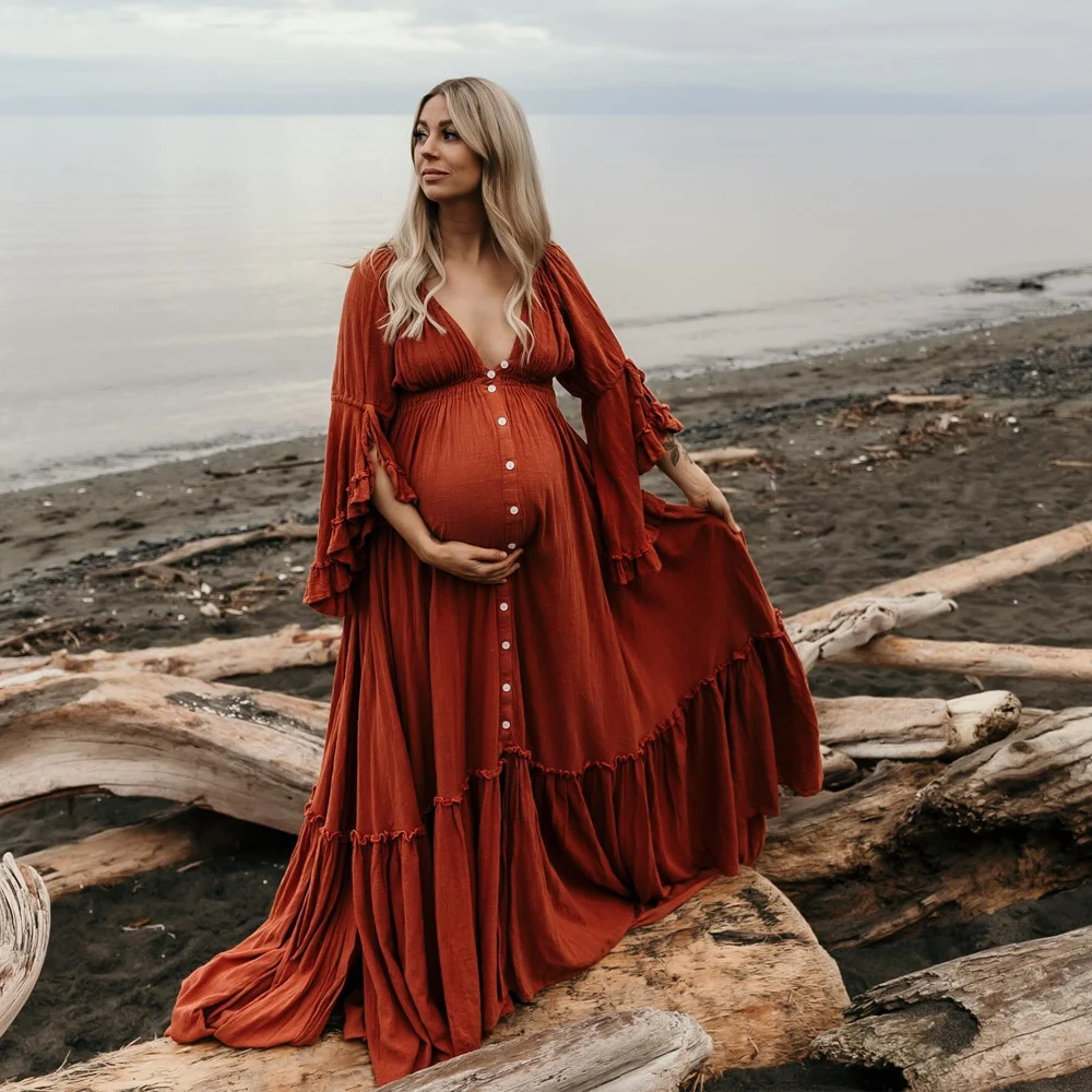 Maternity Photography Gown Single Breasted Buckle Linen Cotton Floor Mopping Dress Bohemian Photo Shooting Pregnancy Dress