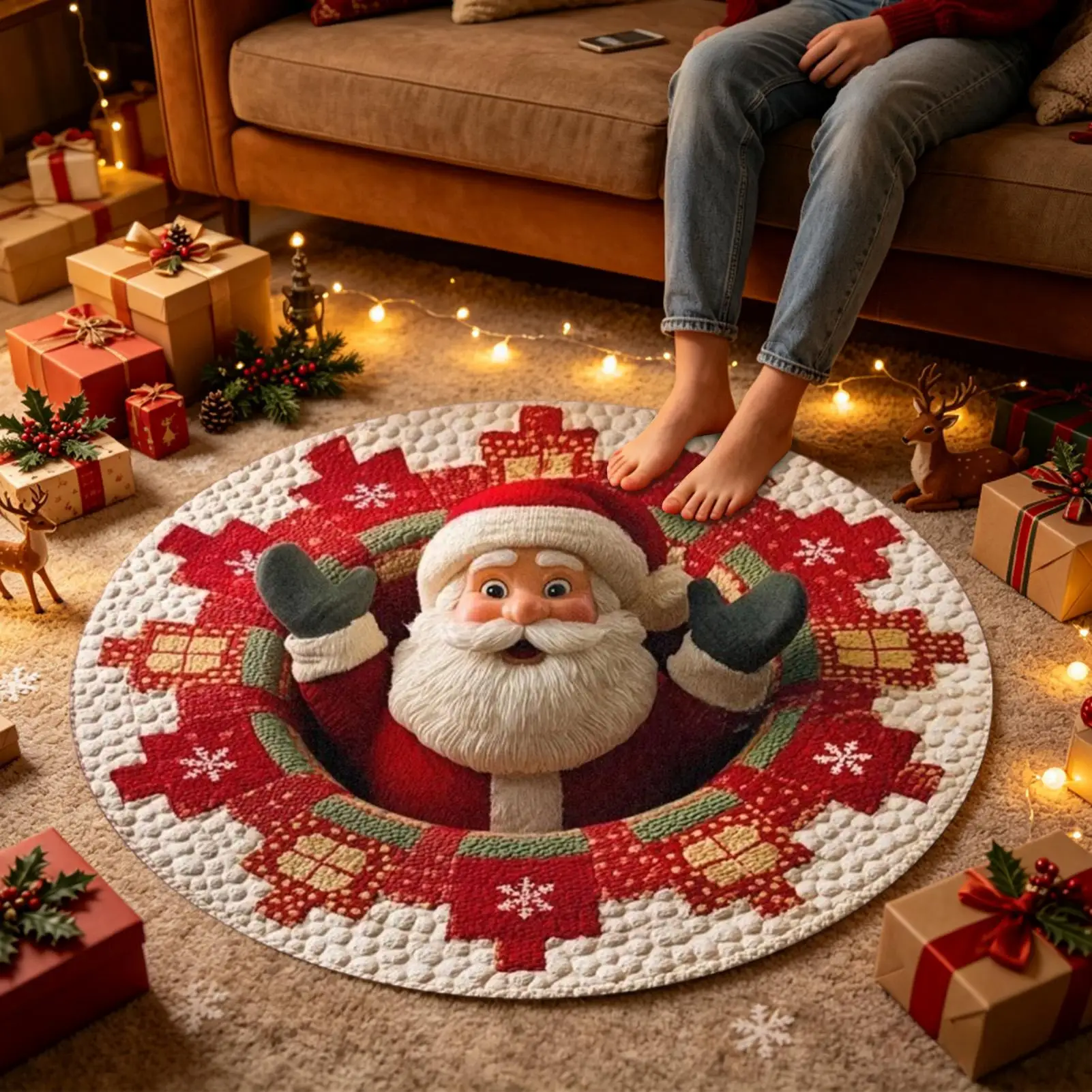 80x80cm Christmas Area Mat Decorative Soft Non Slip Optical Illusion Carpet Christmas Optical Illusion Rug for Home Indoor