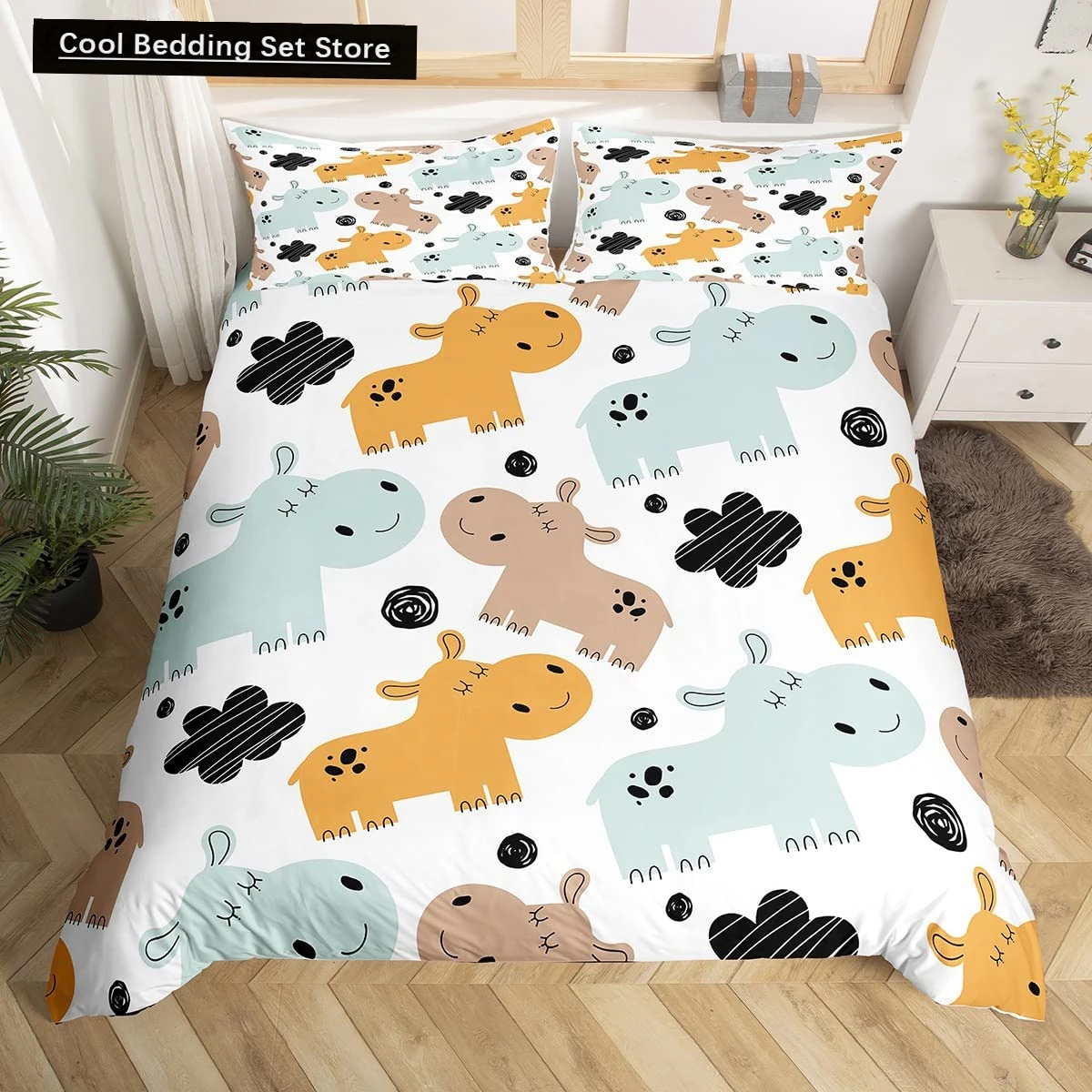 

Cat Silhouette King Queen Size Duvet Cover Abstract Animal Bedding Set Brown Geometric Art Quilt Cover Polyester Comforter Cover