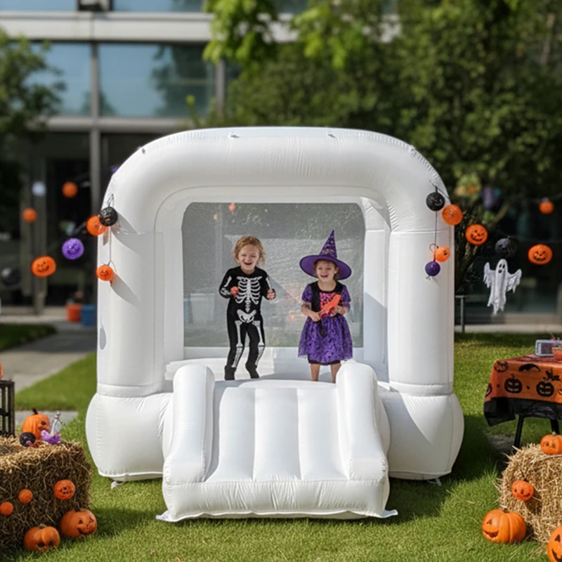 Nuevas llegadas casa de rebote blanca con soplador, castillo inflable con tobogán para fiestas interiores/exteriores de niños/niños pequeños