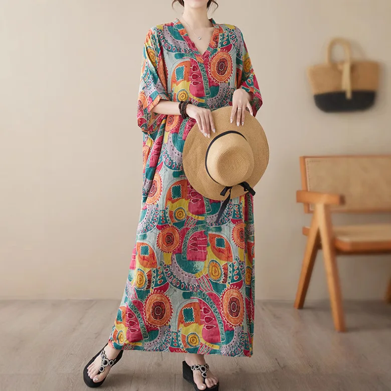 

2025 summer new artistic plus size loose vacation style V-neck short sleeved dress women's beach skirt long skirt
