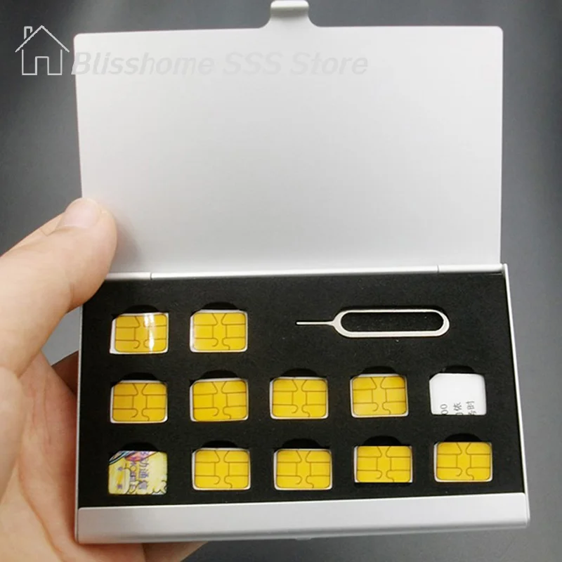 【S】12-Slots-NANO+1-Slot-Card-Pin Aluminum Portable SIM Micro Pin SIM Card Nano Memory Card Storage Box Case Protector Holder