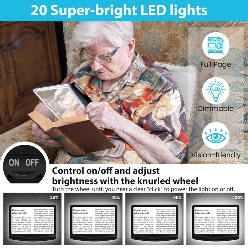 4X Magnifying Glass Large Bright Full Page Magnifier with Light Handheld LED Dimmable Lighted Magnifier for Seniors Low Vision