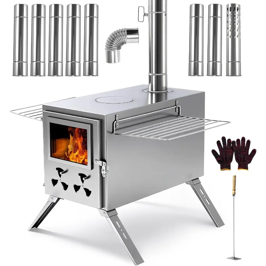 HZT estufa grande para tienda de campaña, estufa de leña mejorada con 9 tubos de chimenea, calentador portátil para acampar para cocinar, cazar, invierno