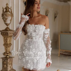 QANZ فساتين الزفاف القصيرة الزهور البيضاء حورية البحر الأكمام انفصال فساتين نوفيا أون بيع عرض التخليص المخصص أفضل 12 فستان مبيعات لجدة العروس - No7
