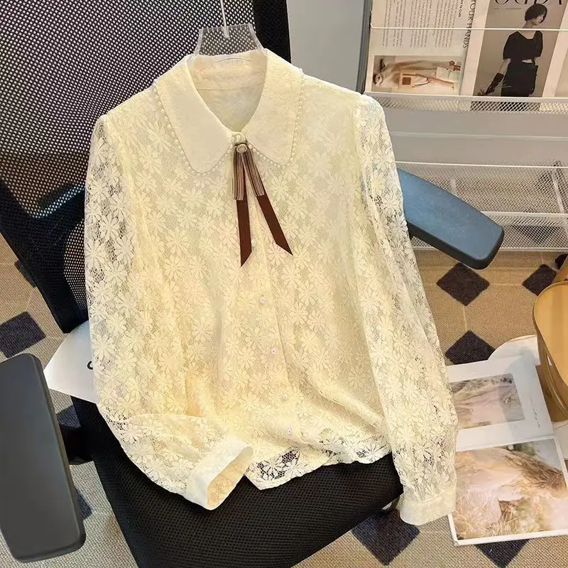 Women\'s French Style Beaded Chic Sweet Lace Button Up Shirt Fashion Bow Elegant Blouse Solid Long Sleeve Loose Tops Blusas Mujer