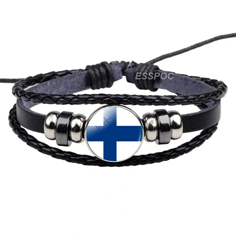 Northern Europe: Denmark Sweden Finland Norway Iceland Flag Black Bracelet Glass Dome Jewelry Leather Button Men Bangle Gifts