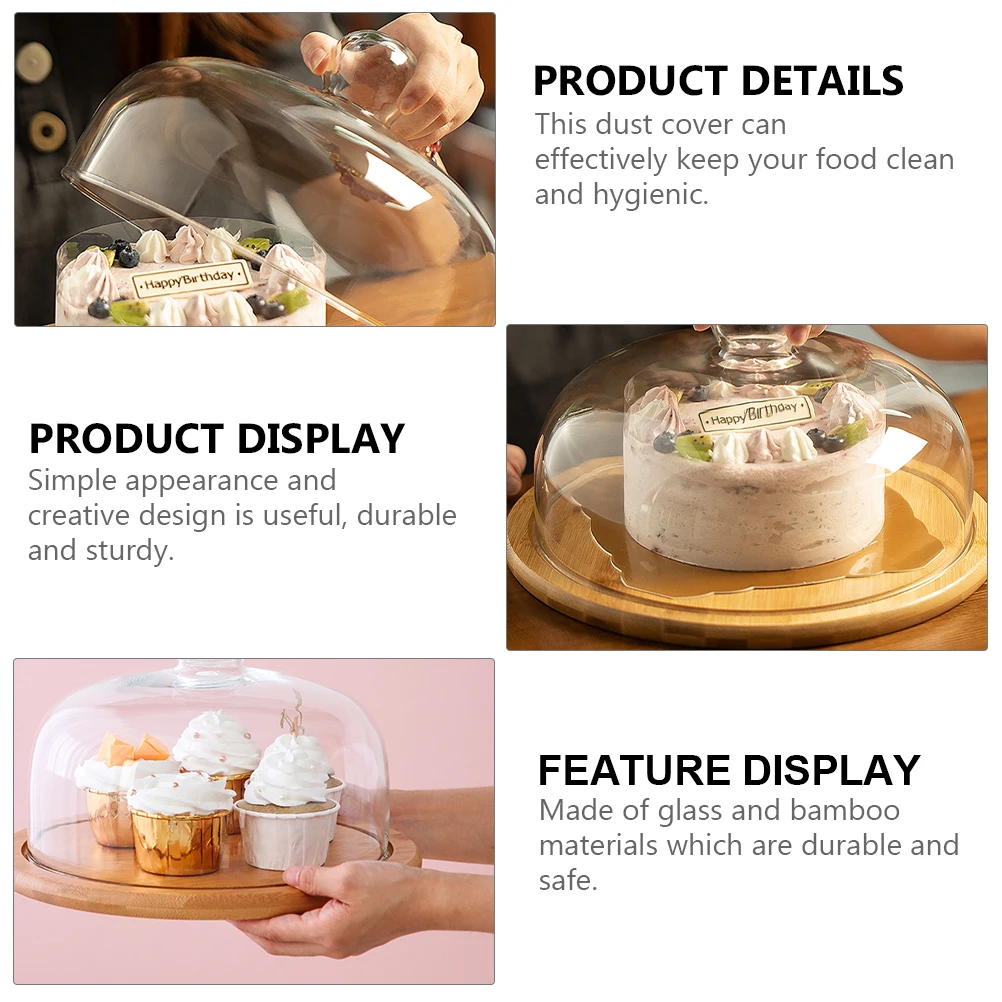 

1 pc Cake Display Tray Glass Plate Dome Serving Platter Lid Dessert Cheese Cover Bamboo Household Snack Pastry Kitchen Bar