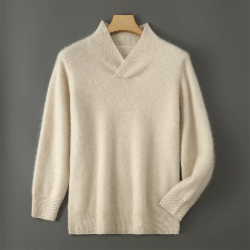 سترة صوف محبوكة 100% برقبة على شكل حرف V للرجال في خريف/شتاء 2025 سترة شبه عالية الرقبة سميكة/عصرية متعددة الاستخدامات دافئة وقاعدة