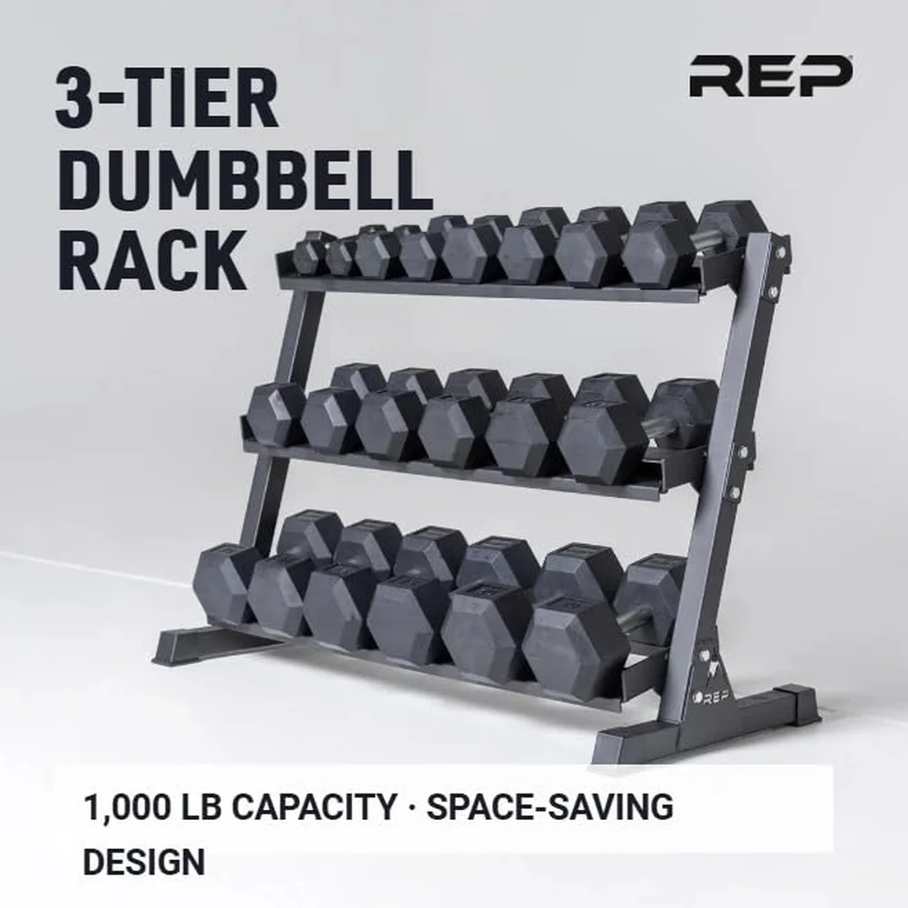 Fitness Dumbbell Rack 3 Tier Fits 5 50 lb Sets Metallic Black