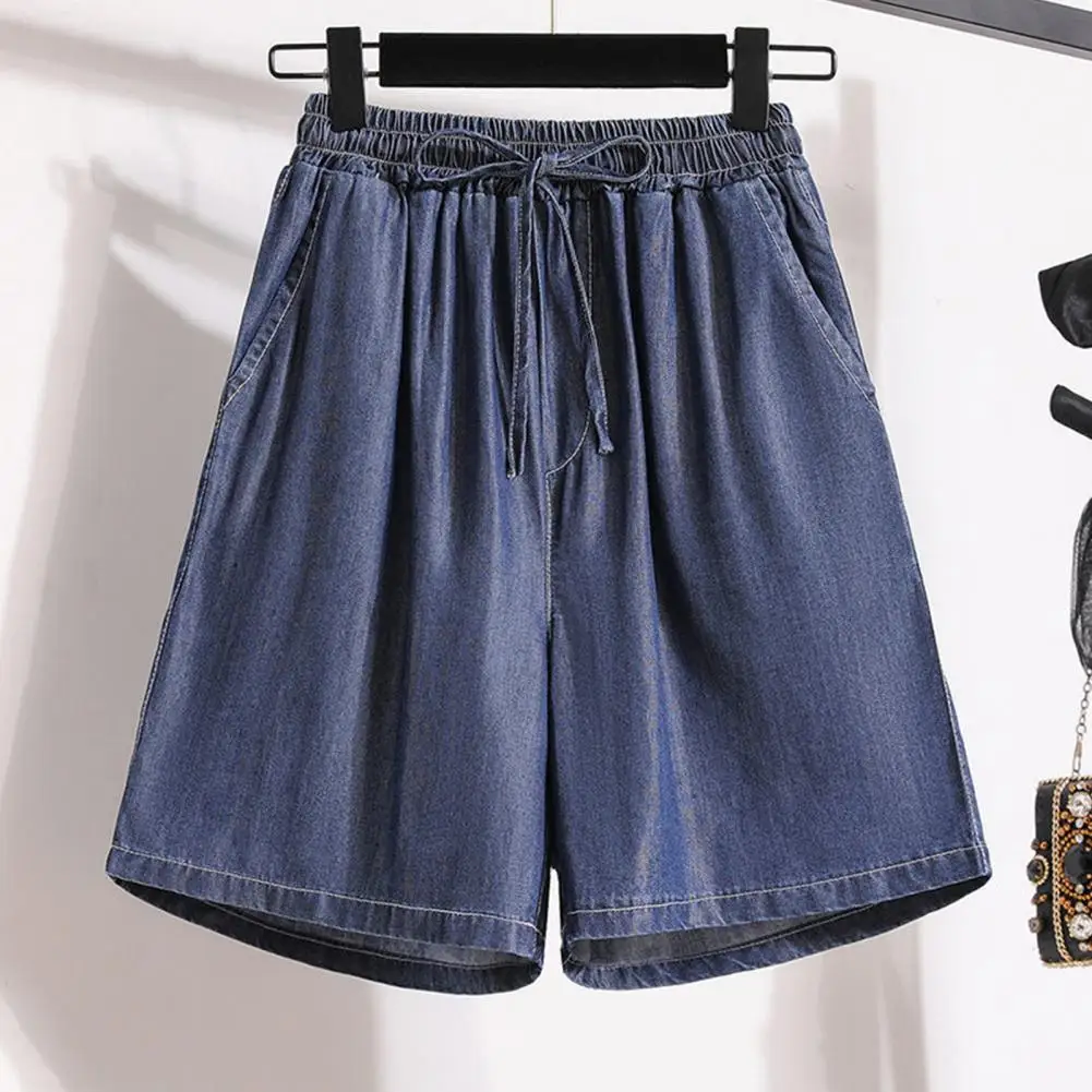 Women Summer Wide Leg Shorts High Waist Elastic Waistband Drawstring Pockets Solid Color Knee-Length Trousers Wide Leg Pants