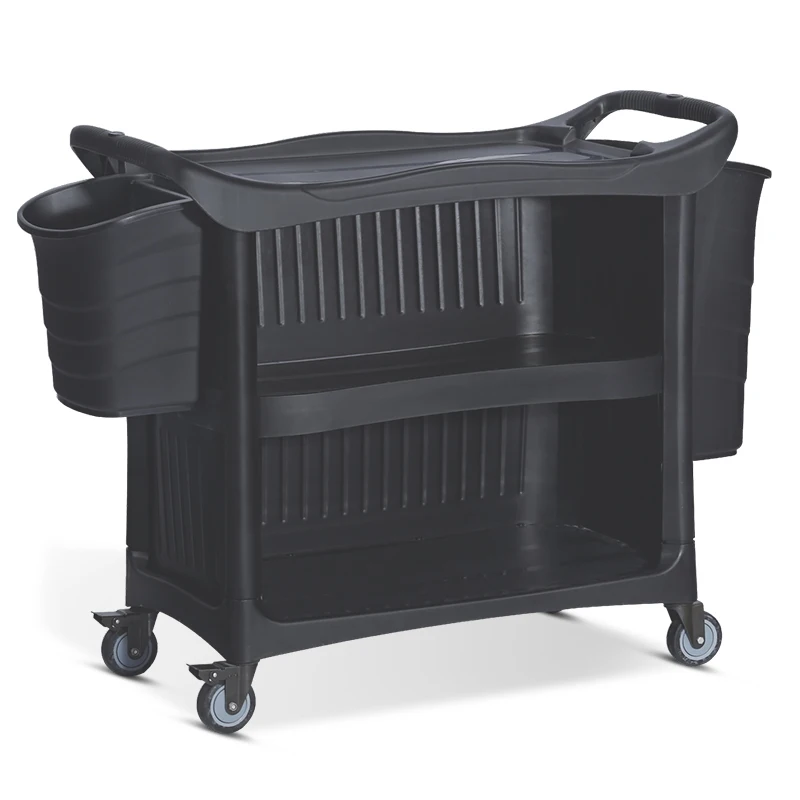 Deluxe Big Multifunctional Three-layer  Black Trolley Restaurant Hotel Cleaning Food Laundry Cart Service Cart