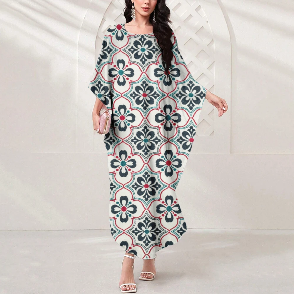 New Exquisite Muslim Vintage Print Dress Dubai Islamic Summer Casual Abaya Party Dress Ladies O Collar Batsleeve Loose Dress