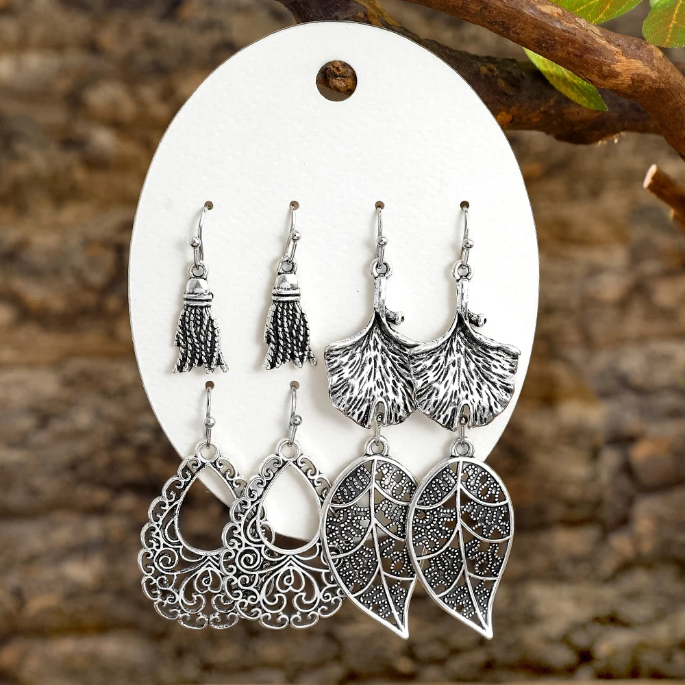 جديد خمر العرقية نمط البوهيمي العتيقة الفضة هندسية أقراط رائعة وفريدة من نوعها الأقراط ارتداء اليومي هدايا عطلة العمل