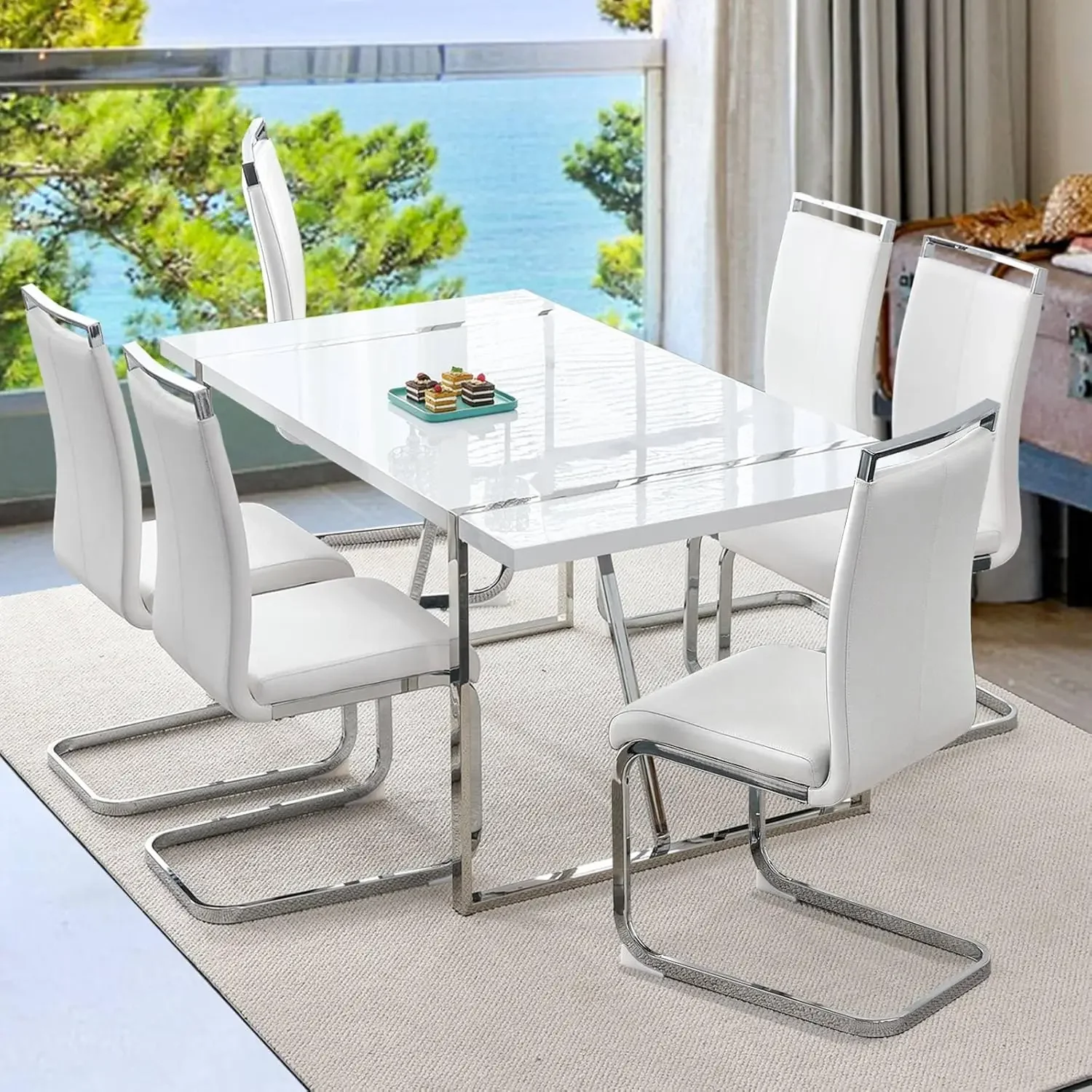 Dining Table Set for 6, White Rectangular MDF Table with Leather Chairs, 7-Piece Modern Metal Frame Dining Set for Kitchen