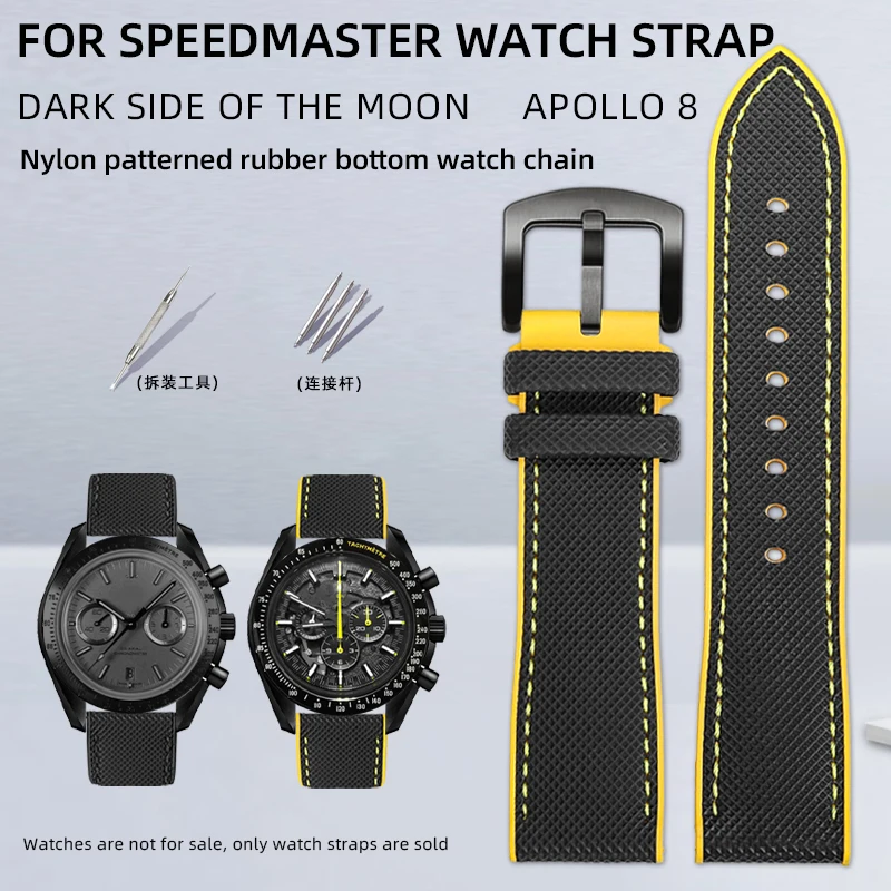 21mm bracelet For Omega Speedmaster 311 Dark Side of the Moon Apollo 8 DEC 1968 44mm Dial Black and Yellow Rubber watch Strap