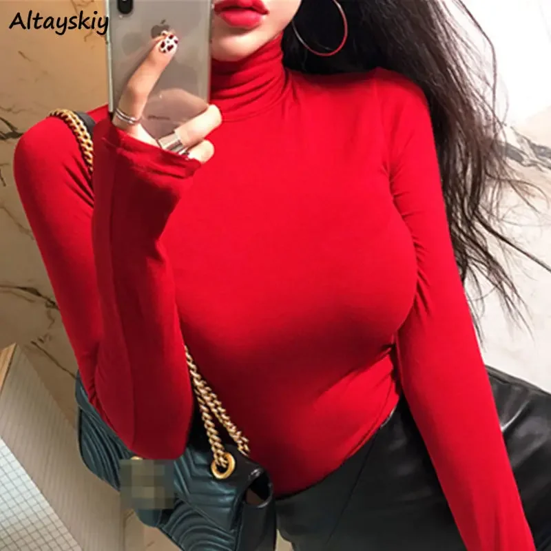 Long Sleeve T-shirts Women Slim Turtleneck Basic Chic All-match Solid Spring Autumn Female Students Preppy Stylish Attractive