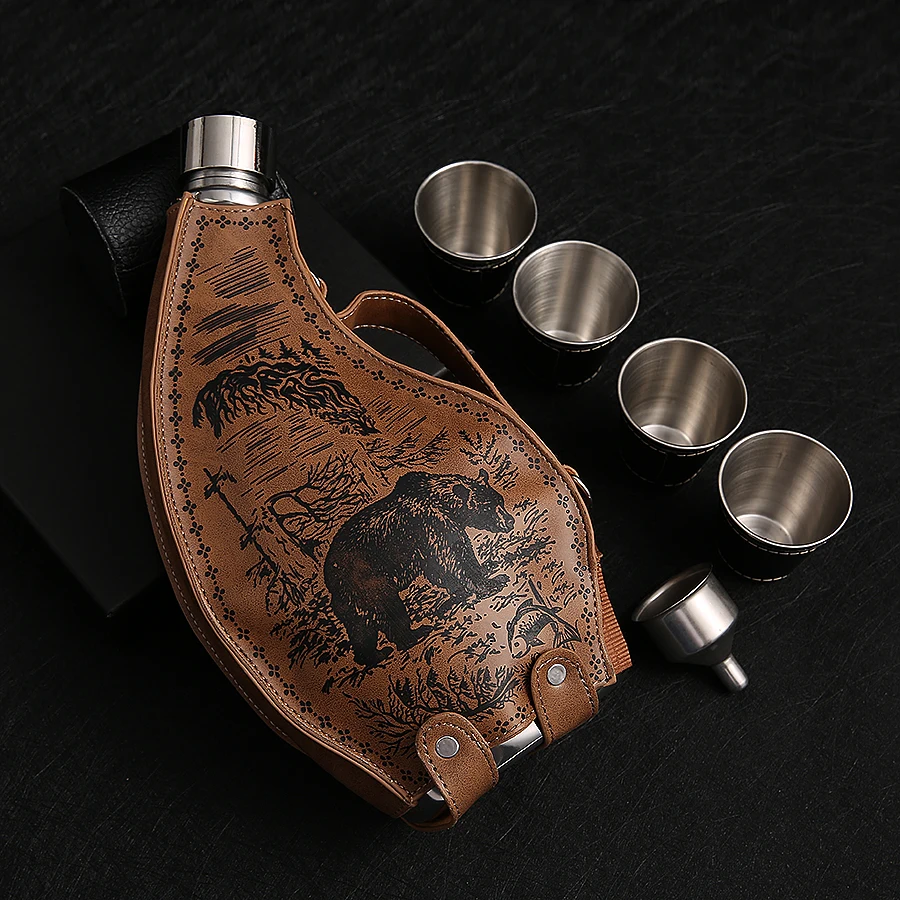 

Drinking Horn Hip Flask Stainless Steel Travel Personalized Hip Flask Portable Leather Retro Flasque Tequila Whisky Drinkware