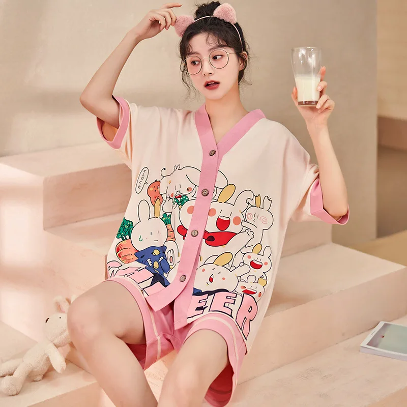 Cotton Pajamas Women's Summer V-Neck Cardigan 2024 New Short-sleeved Shorts suit Cartoon Cute Home Clothe