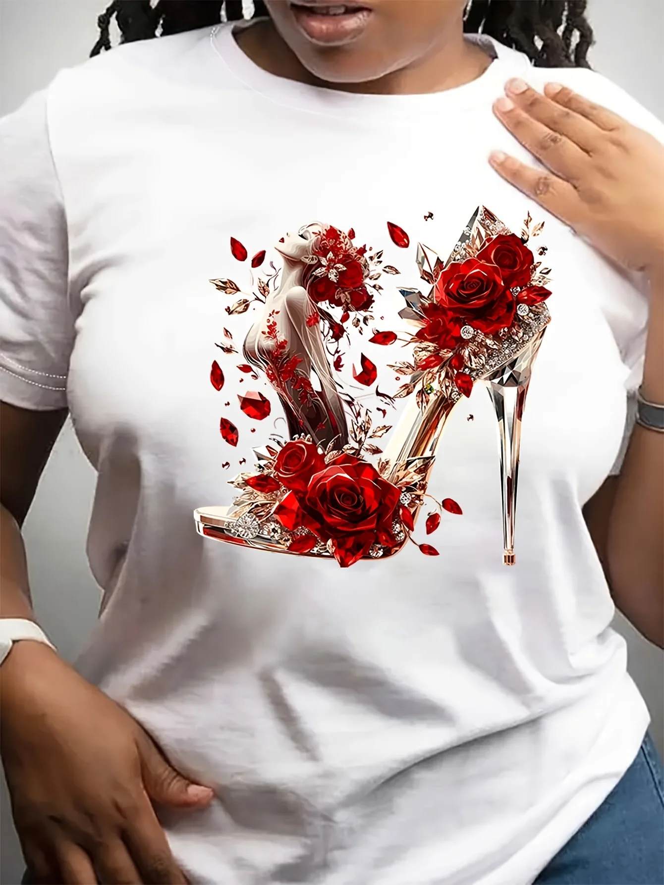 

Женская футболка с коротким рукавом и круглым вырезом, с ярким принтом кристаллов, высоких каблуков и роз, в городском стиле, с ярким дизайнерским принтом в ярких цветах
