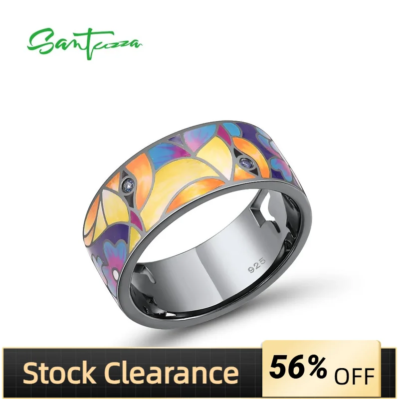 

SANTUZZA Genuine 925 Sterling Silver Rings For Women Blue Spinel Bird Flower Enamel Rings Trendy Gifts Fine Jewelry Handmade