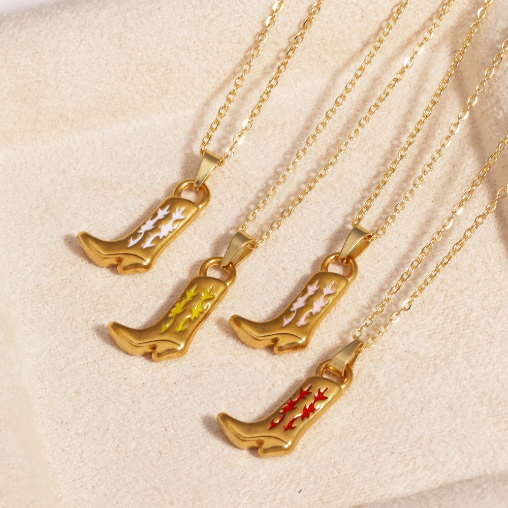 Vintage Stainless Steel Cowboy Boots Pendant Necklace For Women Men Gold-Plated And Color Preserving Waterproof Jewelry