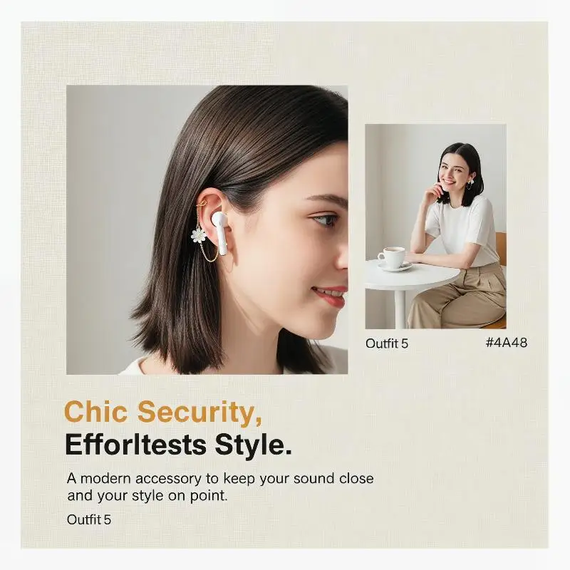 Cute Flower Decor Ear Cuff with Anti-Lost Gold Chain Hypoallergenic Lightweight for Wireless Earbuds Women Daily Wear