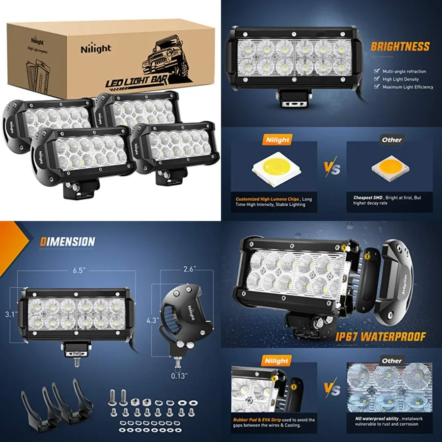 - 4PCS 36W 6.5 Inch Flood LED Light Bar Off Road Super Bright Driving Fog Boat Driving LED Work Light for Jeep