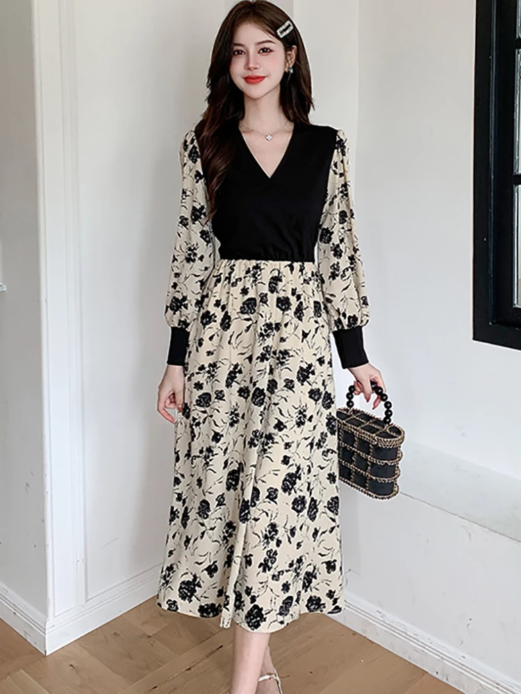 2025 nieuwe bloemen patchwork zwarte v-hals lange jurk vrouwen koreaanse vintage luxe jurk herfst elegante bodycon festival feestjurk