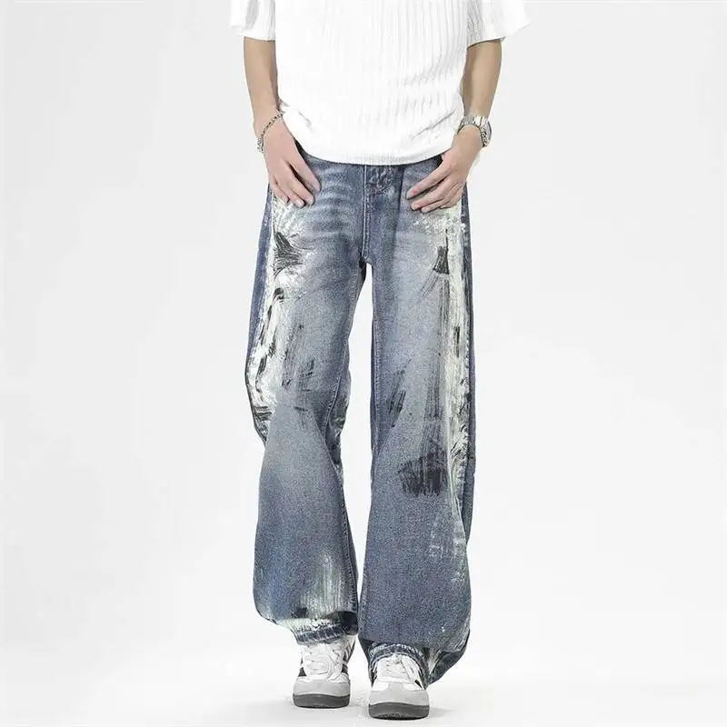 Men's Shorts Light Blue Washed Ink Splash Graffiti Loose Straight Distressed Denim Long Pants Summer Casual Bottoms
