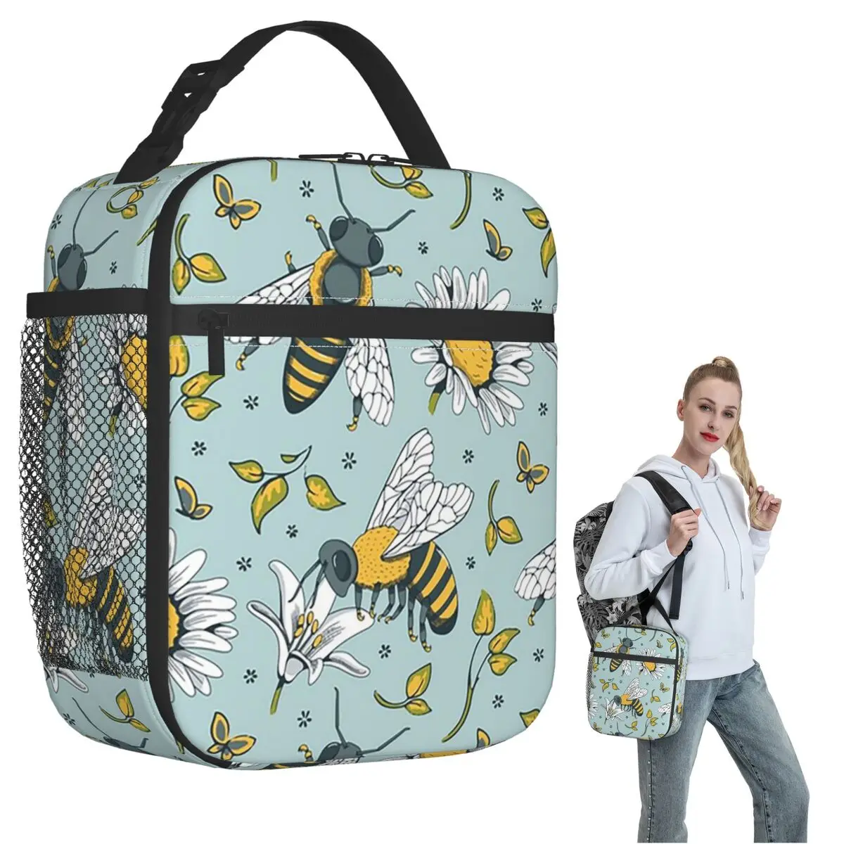 Cartoon Bee And Daisy In Blue Background Pattern Insulated Lunch Bag for Women Kids Leakproof Food Boxes Thermal Lunch Box Tote